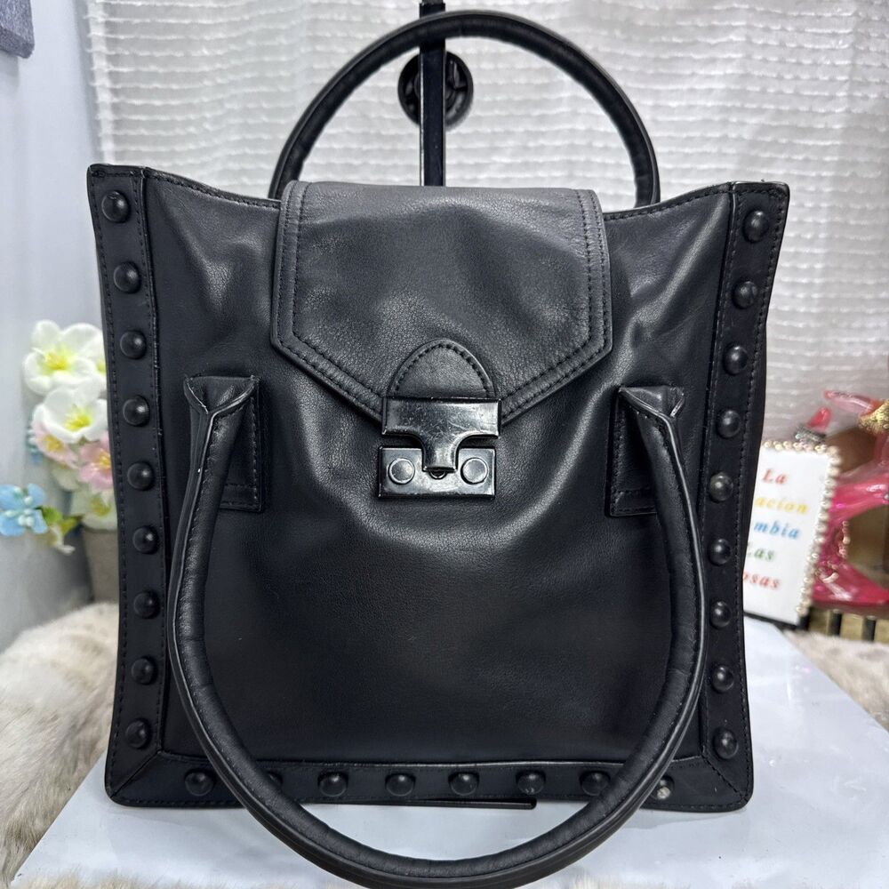 (E4)Loeffler Randall Junior Work  Detachable Crossbody Bag Studded Black Leather
